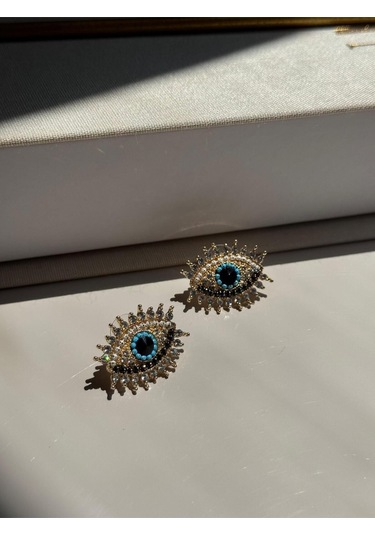 Göz Figürlü Nazar Boncuğu Detaylı Taşlı Küpe Altın Renk Kadın Çelik Takı Altın