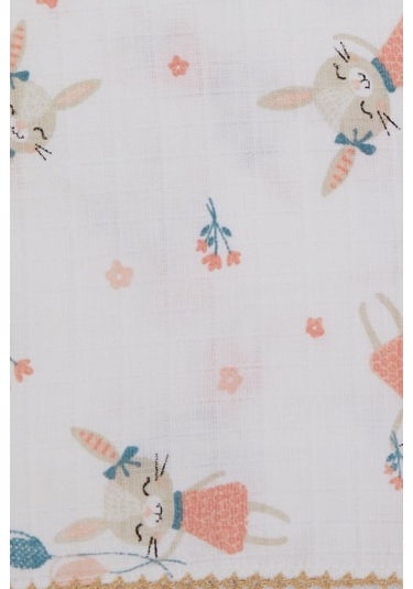 Breeze Yenidoğan Bebek Müslin Battaniye Mutlu Tavşancık Desenli Ekru - Ekru