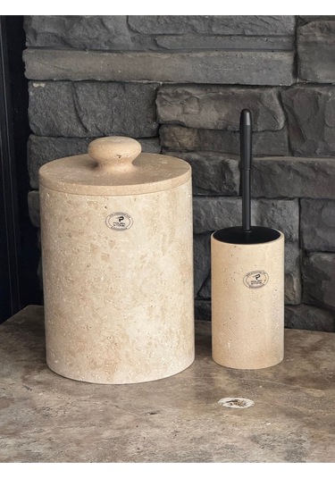 Yeni Traverten Doğaltaş Kendinden Kulplu 2 Li Banyo Takımı Büyük Çöp Kovalı 26x20 Beyaz