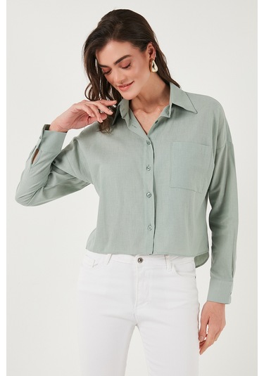 Lela Pamuk Ve Keten Karışımlı Regular Fit Önü Kısa Arkası Uzun Bayan Gömlek 6772867 Çağla