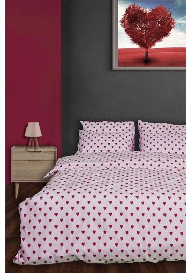 Kırmızı Kalpli Nevresim Seti Tek Kişilik Beyaz - Kırmızı