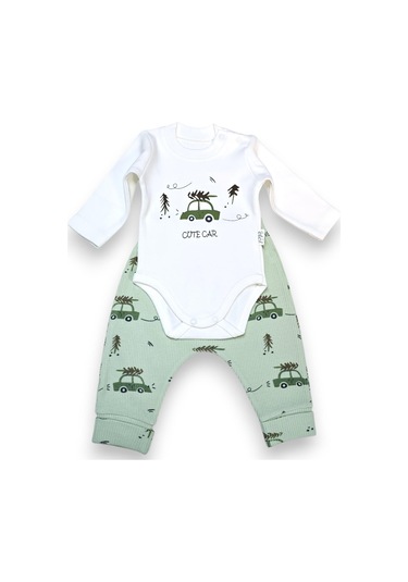 Araba Desenli Hırkalı Erkek Bebek Takım Su Yeşili