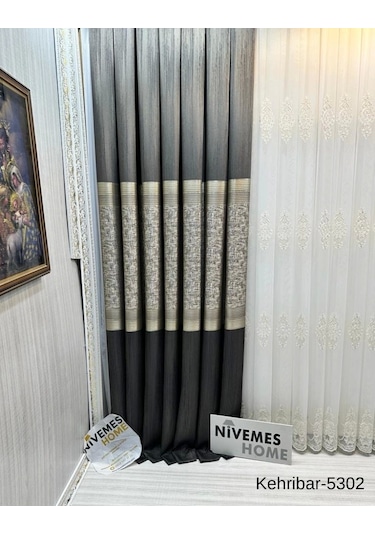 Nivemeshome Kehribar Ft614162 Antrasit V-5302 Pano Fon Perde 1/3 Sık Pileli Perde Apm Çok Renkli