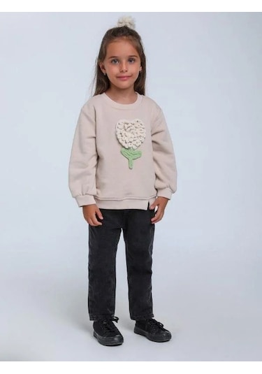 Kız Bebek Örgü Çiçek Detaylı Sweathirt-14304 Bej