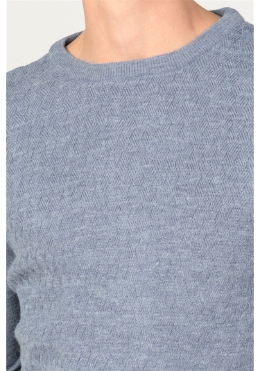 Tudors Slim Fit Dar Kesim Bisiklet Yaka Kendinden Desenli Erkek Kazak-25775 İndigo