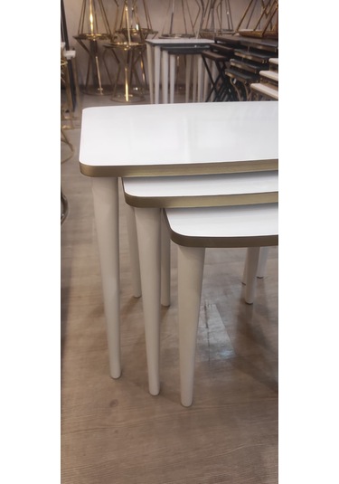 3 Lü Mdf Lam Zigon Sehpa Takımı , Ahşap Zigon Sehpa Beyaz - Altın