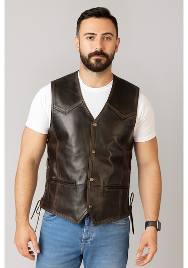 Derije Oregon Hakiki Deri Erkek Vintage Motorcu Tarzı Yelek Vintage