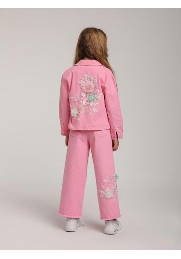 Kız Çocuk Cepli Tül Çiçekli Kot Ceket-15582 Pembe