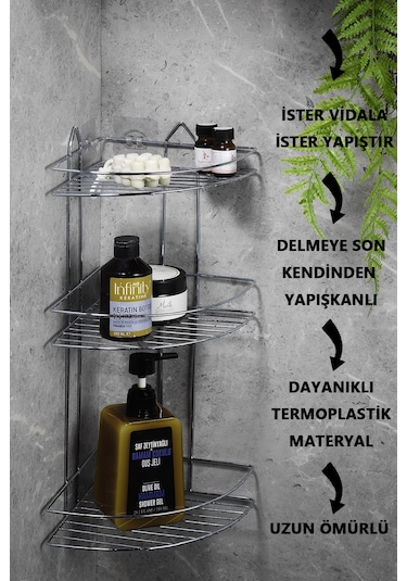 3 Katlı Krom Yapışkanlı Banyo Köşeliği Düzenleyici, Şampuanlık, Paslanmaz Metal Köşelik Duş Rafı - EK-03