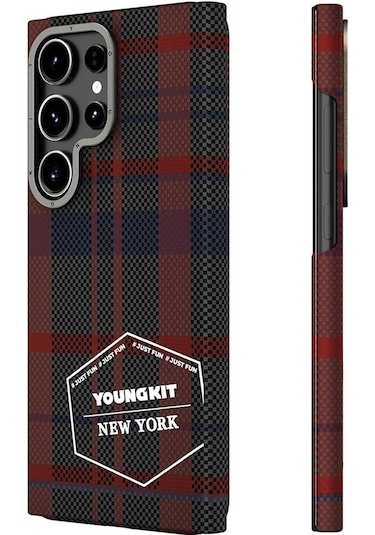 Galaxy S24 Ultra Uyumlu Kılıf Ekose Desenli Youngkit Gezhi Serisi Kapak Kırmızı