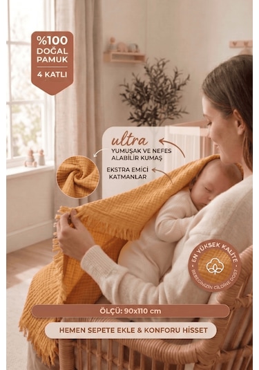 Müslin Püsküllü 4 Katlı Müslin Battaniye 90x120 Cm - Ze4katlı Turuncu