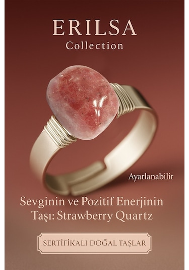 Sertifikalı Doğal Strawberry Quartz Çilek Kuvars Taşı Yüzük Kalın Tımbıl Kasa Ayarlanabilir Pembe