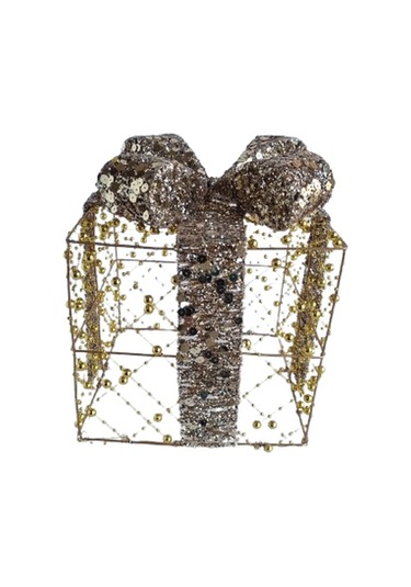 15x15 Cm Yılbaşı Hediye Paketi Metal Süs - Gold Gümüş Payetli Boncuklu Lüks Noel Ağaç Altı Dekorasyonu Diğer