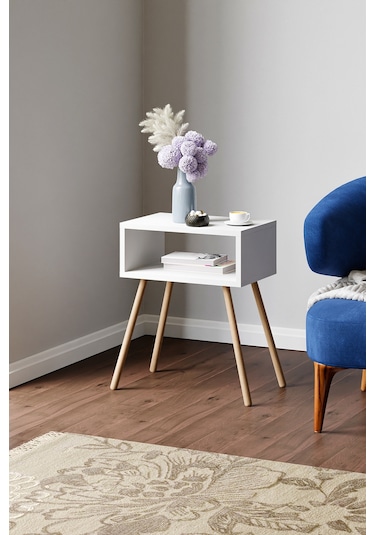 Ahşap Ayaklı Raflı Komodin Beyaz