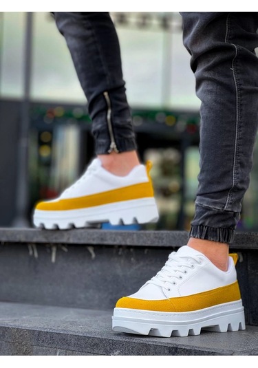Kb-056 Kuback Beyaz Sarı Detaylı Beyaz Yüksek Taban Günlük Spor Ayakkabı Beyaz