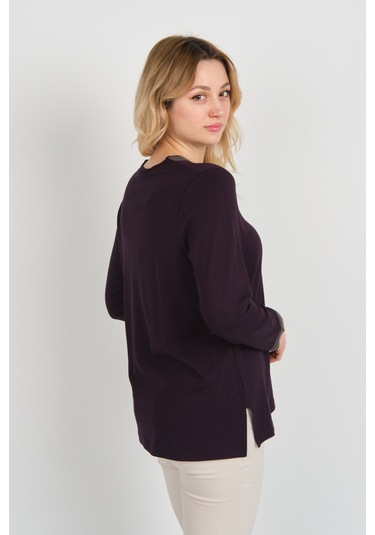 Detay Triko Kadın V Yaka Ve Yakası Taş Detaylı Uzun Kollu Anne Bluz 5711 Mürdüm Mürdüm