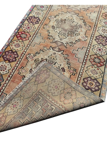 El Dokuma Vintage Eskitme Maden Halısı 94x300 Yün 3 Metre Yolluk Renkli