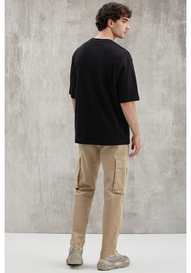 Joel  Erkek %100 Organik Pamuklu Kalın Kumaşlı Özel Dokulu Etiket Detaylı Oversize Siyah T-shirt