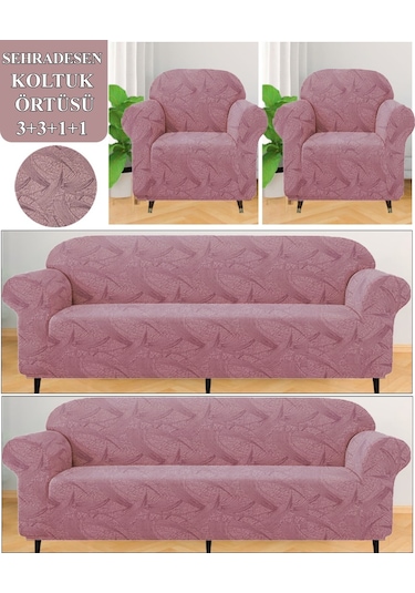 Koltuk Örtüsü Takımı 3311 Yıkanabilir Streçli Lastkli Esnek Pembe