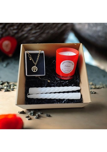 Denic Hediye Seti Kokulu Kırmızı Bardak Mum Yaşam Agacı Kolye Burgulu Mum