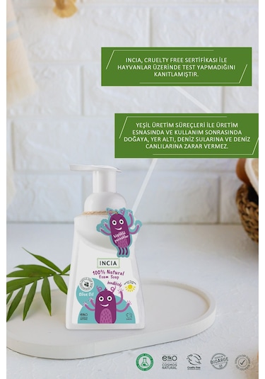 INCIA %100 Doğal Köpük Kastil Sabunu Çocuklar İçin Zeytinyağlı 10 Bitkisel Değerli Yağ 200 ml X2 Adet