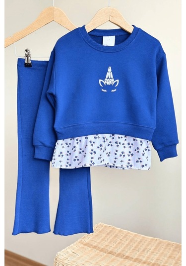 2-8 Yaş Unicorn Çiçek Detay İspanyol Kız Çocuk Takım Mavi Mavi