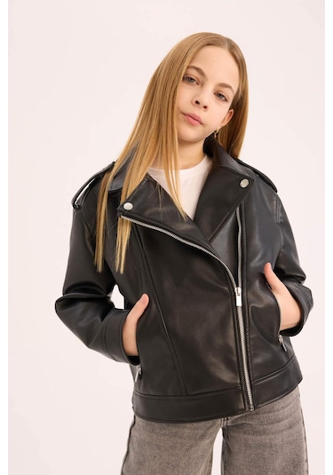 Defacto Kız Çocuk Su İtici Fermuarlı Suni Deri Ceket Mont C4976a825aubk27 Siyah