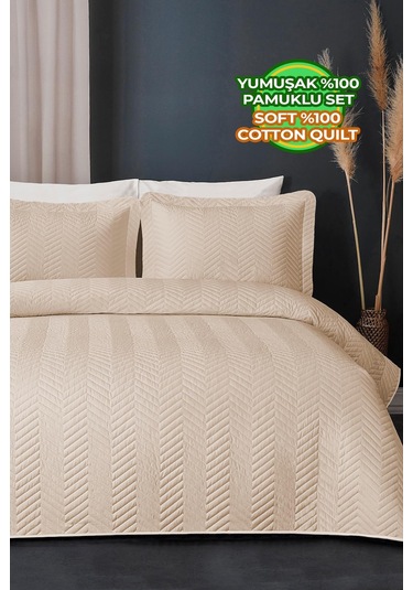 Evlen Home Ross %100 Pamuk Tek Kişilik Yatak Örtüsü Pike Takımı Kapitone Çizgili Günlük Yıkanabilir Bej Bej