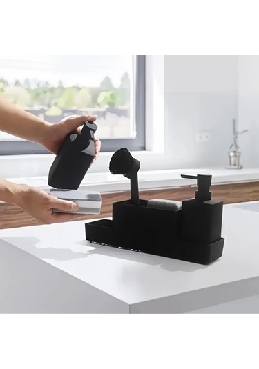 Motion003 6 Adet Mat Siyah Çift Sabunluklu Sünger Tutucu Ve Bulaşık Fırçası İle Alt Depolama Drenajlı Mutfak Lavabosu Veya Banyo İçin Modern Minimalist Tasarım Siyah Siyah