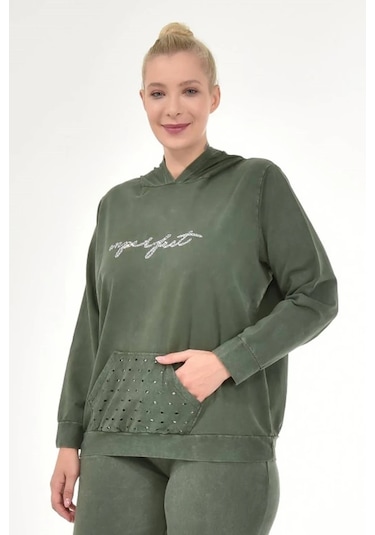 Kadın Büyük Beden İtalyan Yıkama Haki Kapşonlu Sweatshirt Haki