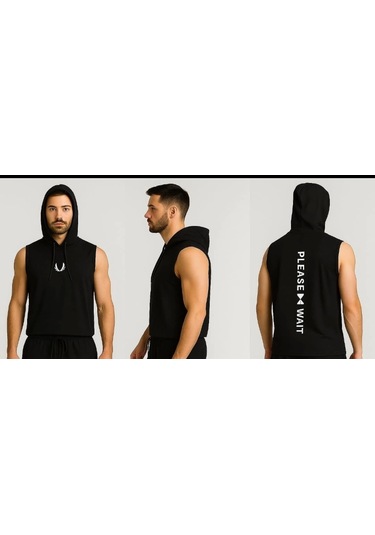 Erkek Lette Kapüşonlu Armalı Esnek Kolsuz Siyah T-shirt Siyah