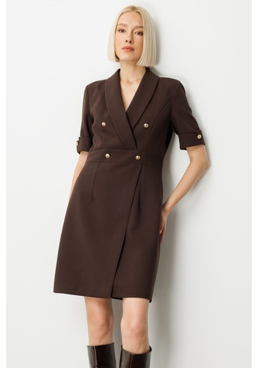Ekol Kadın Kruvaze Yaka Süs Düğmeli Elbise 4017 Kahverengi Kahverengi