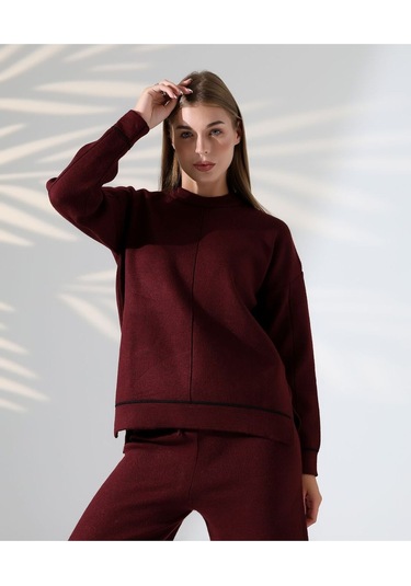 Kontrast Dikişli Kadın Triko Takım Bordo