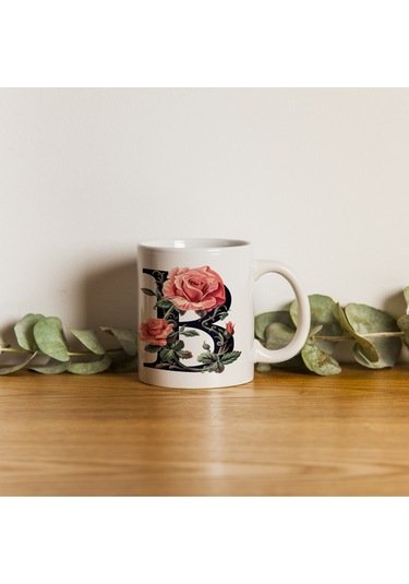 B Baş Harf Kırmızı Güller İle Sarılı Bardak 330 Ml Kişiye Özel Çiçekli Hediye Beyaz