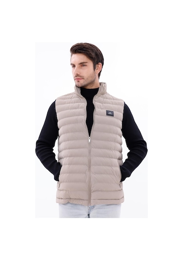 Erkek Nova Kumaş Şişme Yelek Hafif Dolgulu Fermuarlı Cepli Su İtici Rahat Kalıp Krem