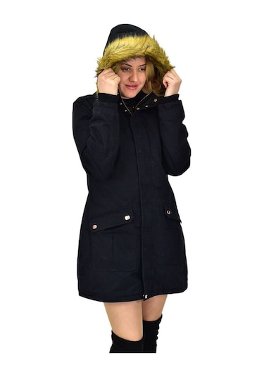 Büyük Beden Çıkarılabilir Kapüşonlu Kürk Astarlı Kadın Gabardin Kaban Siyah