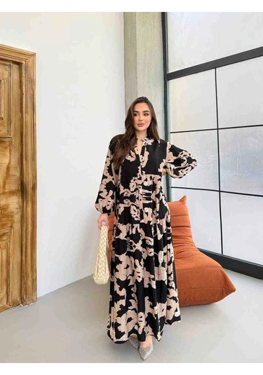 Tekstilla Viskon Kumaş Yarım Düğmeli Desenli Elbise Kahverengi Kahverengi