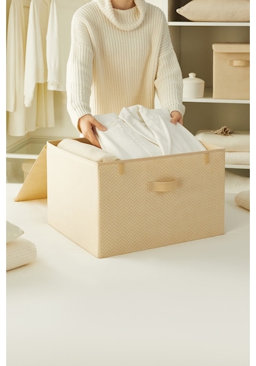 Ocean Home Textile Bej Balıksırtı Kapaklı Kutu 48 x 40 x 30 cm
