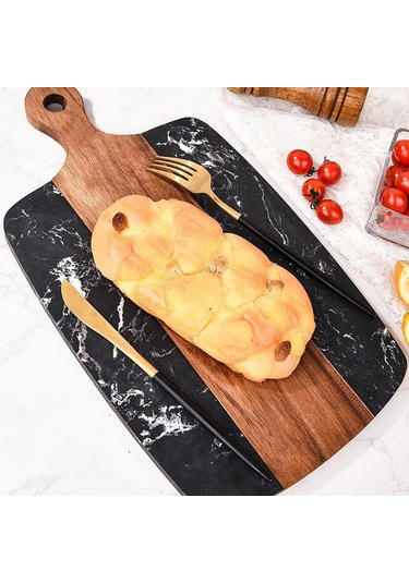 Suntek Kesme Tahtası Ahşap Mermer Barbekü Servis Çok Amaçlı Siyah
