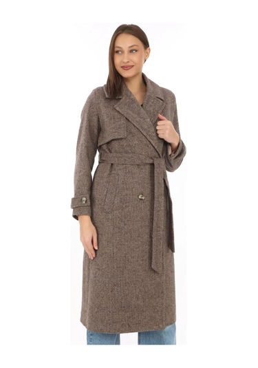 Kadın Balık Sırtı Yünlü Dokuma Kaşe Kaban Kruvaze Yaka, Kuşaklı, Cepli, Astarlı Uzun Boy Tesettür Vizon