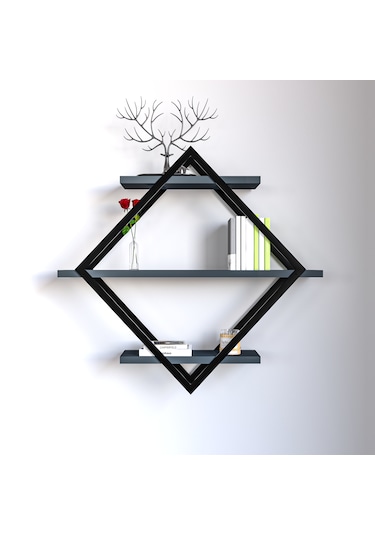 Baklava Duvar Rafı Kitaplık Banyo Rafı 3 Katlı Antrasit