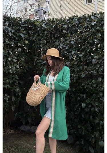 Kadın Yeşil Müslin Kumaş, Hasır Şerit Detaylı Salaş Kimono Ceket Yeşil