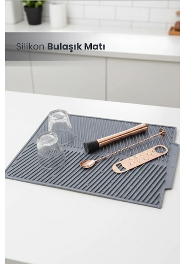 Silikon Bulaşık Kurutma Matı Maxi Boy 44x33cm Antrasit Gri Antrasit - Gri