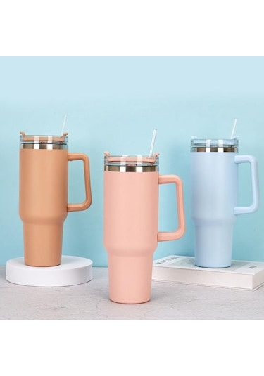 Kahve 1 Takım 1200 Ml Kahve Kulplu Fincan 304 Paslanmaz Çelik Saman Bardak Araba Yalıtımlı Tumbler