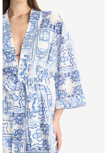 Defacto Regular Fit Desenli Kuşaklı Pamuklu Kimono-fall İn Love D0453ax25spbe758 Mavi