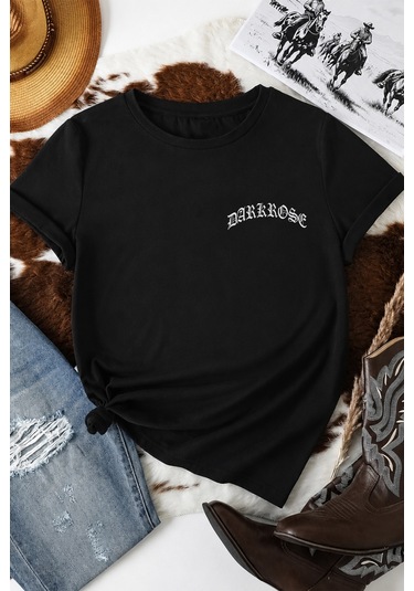 Spoyi Bordo Gotik Gül Tasarımlı %100 Pamuk Yarım Oversize Siyah T-shirt