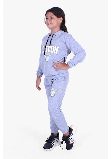 Fyk Kids Kız Çocuk Yuvarlak Yaka Baskılı Eşofman Takımı Gri Melanj