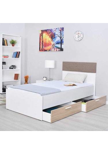 Adoremobilya Base Genç Odası 2 Çekmeceli Tek Kişilik Karyola - İtalyan Meşe-Beyaz