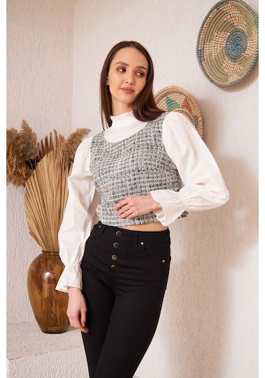 Darlin Moda Gri Tüvit Detaylı Uzun Kollu Bluz Dm9000 Gri