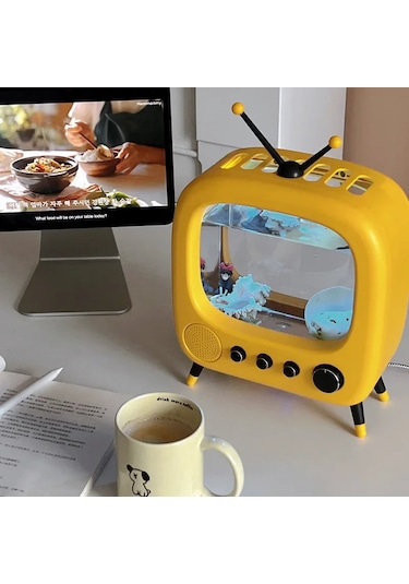 Monozone Tv Şekilli Işıklı Mini Akvaryum Beta Balık Tankı Vintage